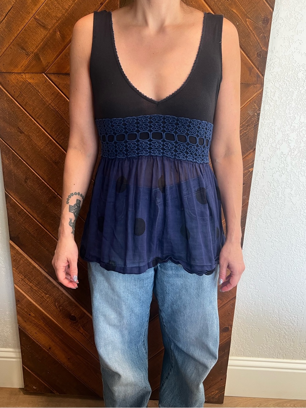 Free People V neck tanks. Navy and Black Mixed-Media Peplum